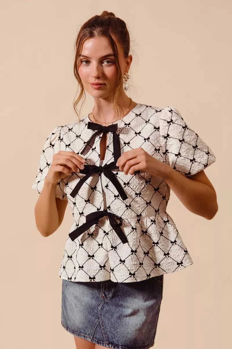 SO ME Bow Texture Woven Peplum Top With Contrast Tie 100100696611485 51 Affordable Fashion Under $100 Jerry's Apparel 