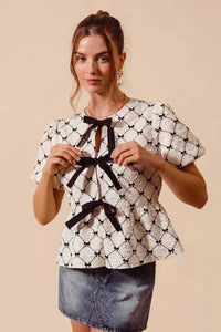 SO ME Bow Texture Woven Peplum Top With Contrast Tie 100100696611485 51 Affordable Fashion Under $100 Jerry's Apparel 