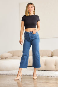 Full Size Tummy Control High Waist Raw Hem Jeans Blue Slate