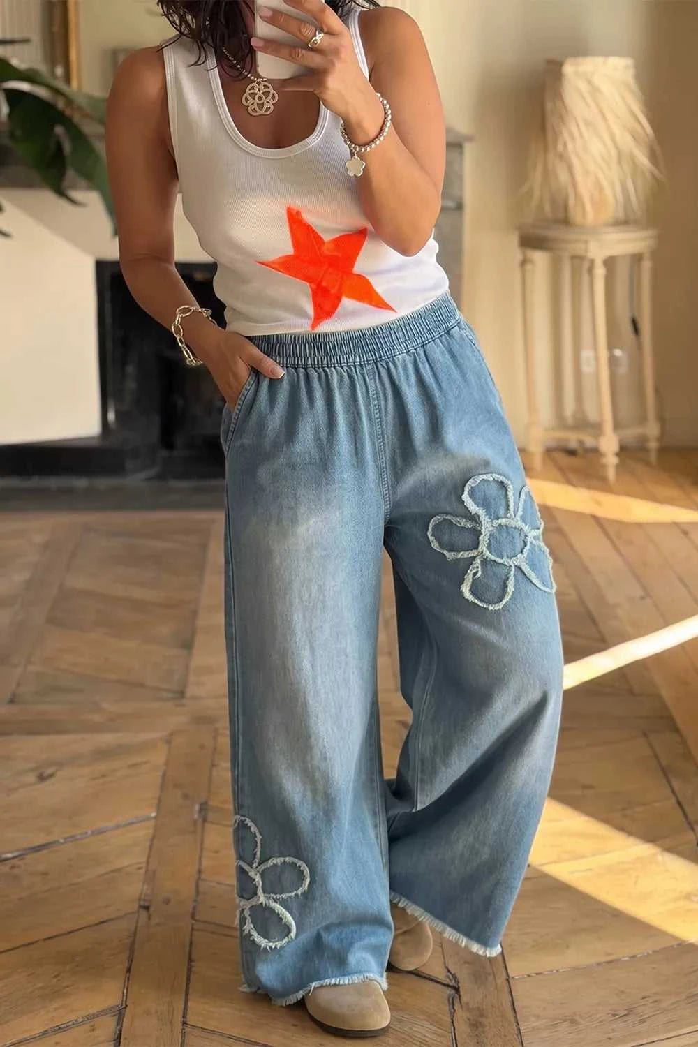 Frayed Floral Patch Wide Leg Raw Hem Wide Leg Jeans 101003582266971 65 Affordable Fashion Under $100 Jerry's Apparel 