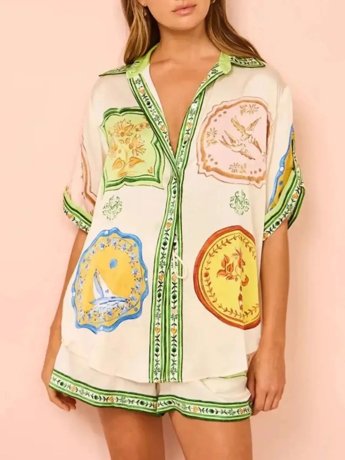 Printed Button Up Shirt and Shorts Set