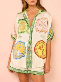 Printed Button Up Shirt and Shorts Set