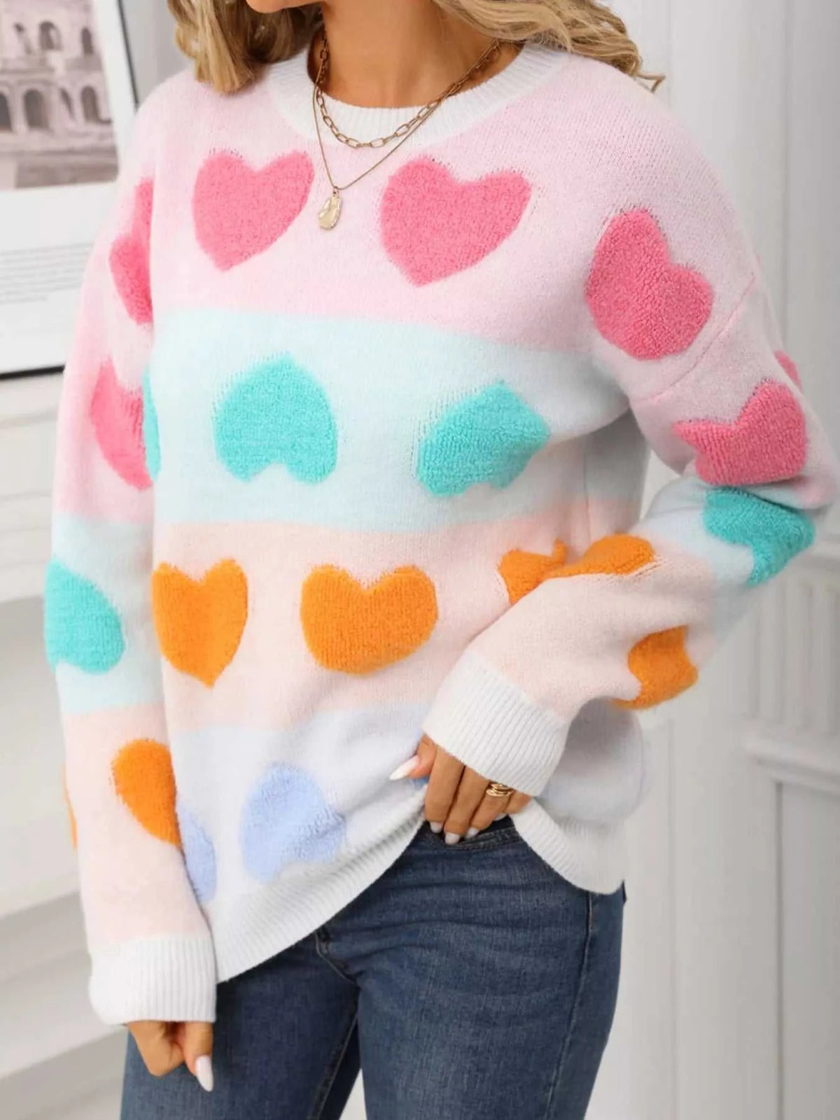 Valentine's Day Heart Pattern Fuzzy Knit Sweater 100100216252554 50 Gifts for Her Jerry's Apparel 