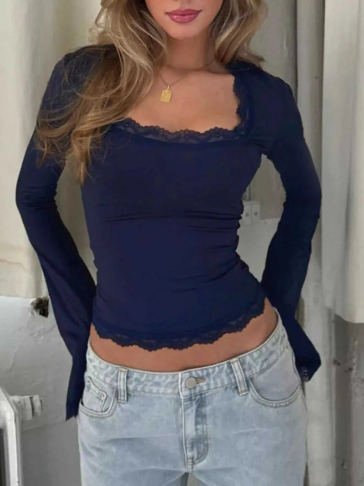 Lace Trim Square Neck Long Sleeve Top 100100247920045 28 Affordable Fashion Under $100 Jerry's Apparel 