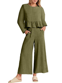 Full Size Ruffled Hem Long Sleeve Top and Pants Set Plus Size 100100344916700 44 Affordable Fashion Under $100 Jerry's Apparel 