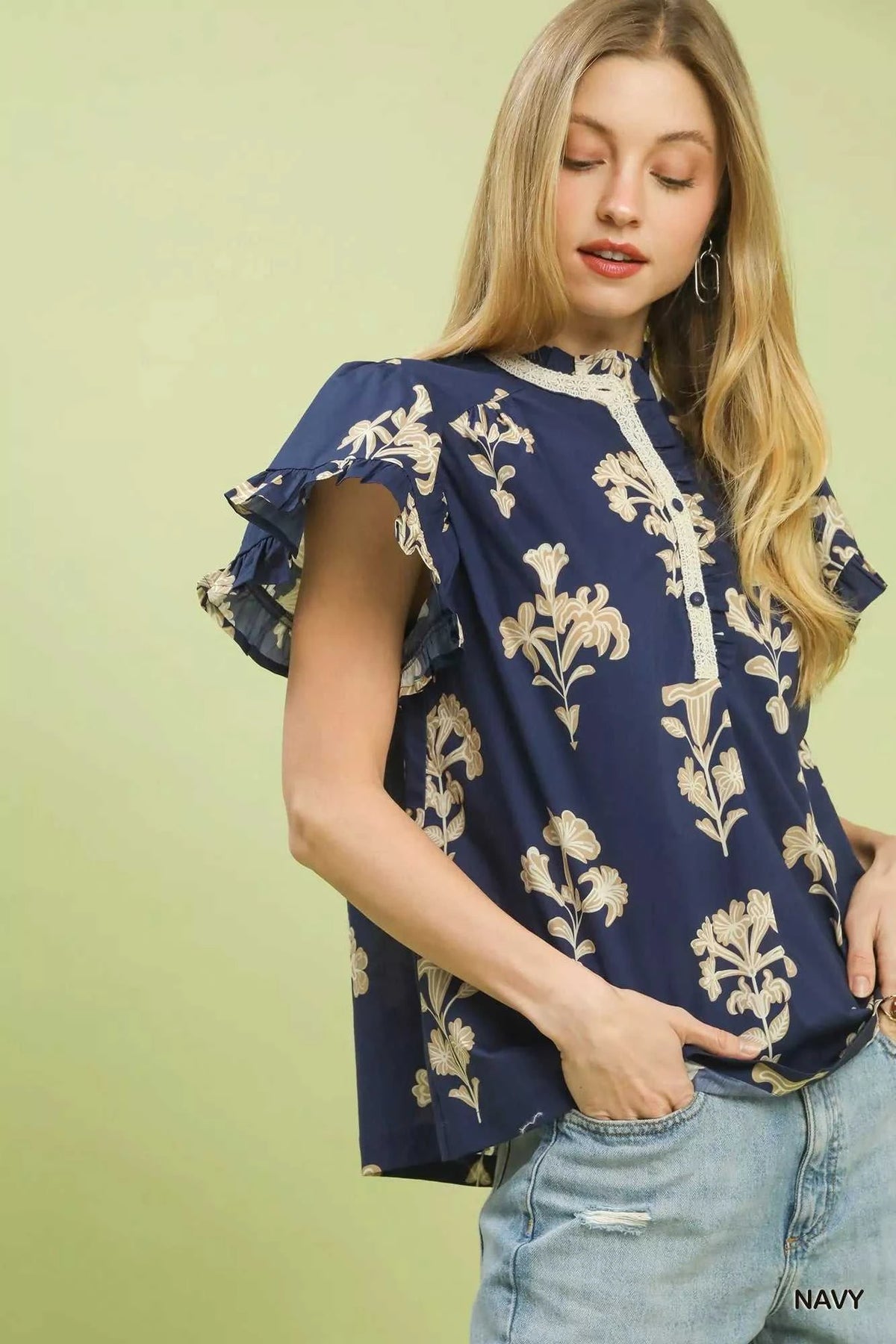 Umgee Floral Ruffle Sleeve Split-Neck Top 100100324221609 47 Affordable Fashion Under $100 Jerry's Apparel 