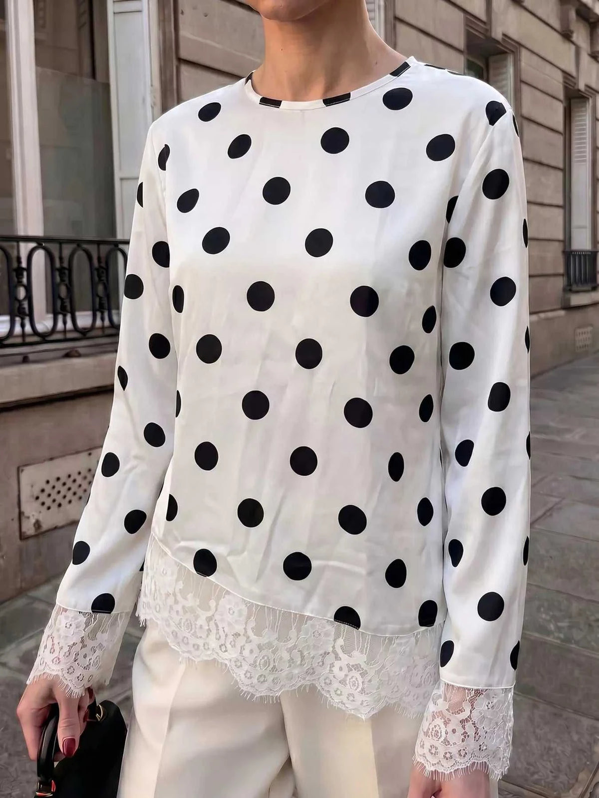 Polka Dot Satin Top with Lace Trim 100100709329500 60 Affordable Fashion Under $100 Jerry's Apparel 