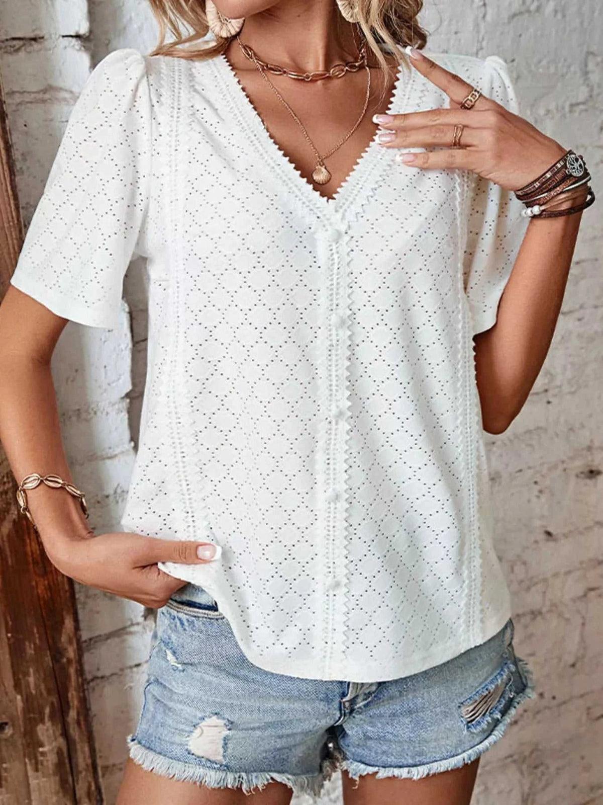 Eyelet Lace Detail Short Sleeve Blouse 100100716919082 31 Affordable Fashion Under $100 Jerry's Apparel 