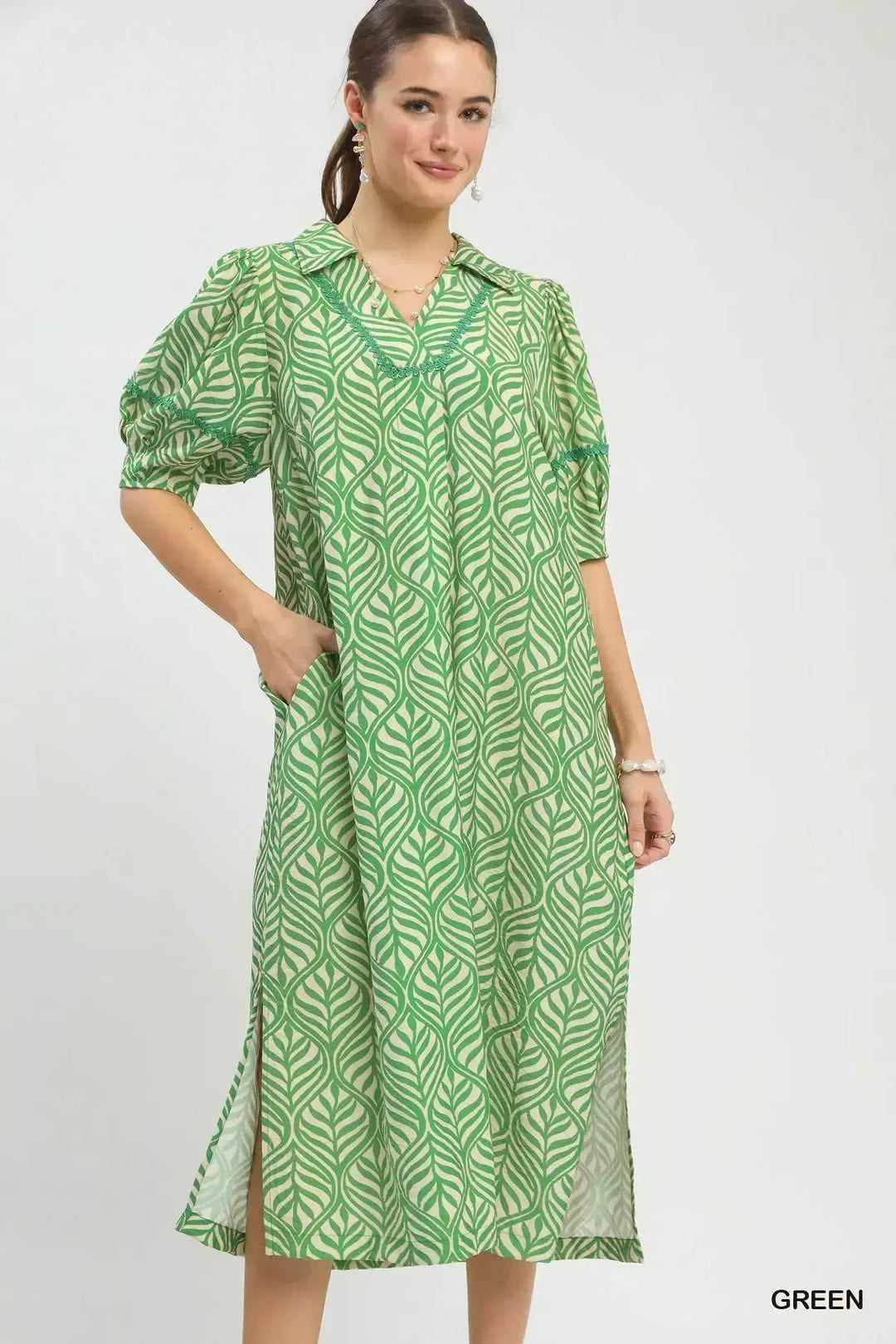Umgee Printed Puff Sleeve Midi Dress with Pockets 100100164501514 60 Affordable Fashion Under $100 Jerry's Apparel 