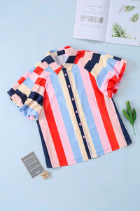 Color Block Button Up Balloon Sleeve Shirt