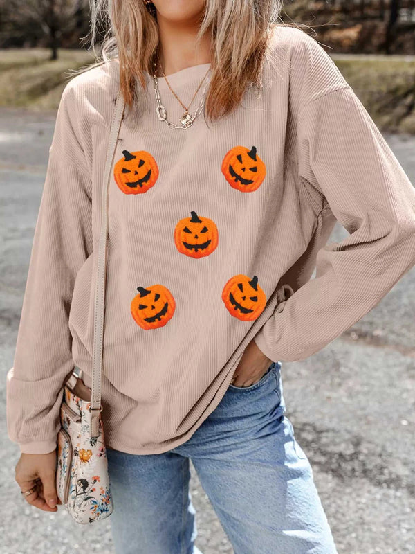 Halloween Pumpkin Drop Shoulder Sweatshirt 100100044114197 44 Women's Holiday Apparel Jerry's Apparel 