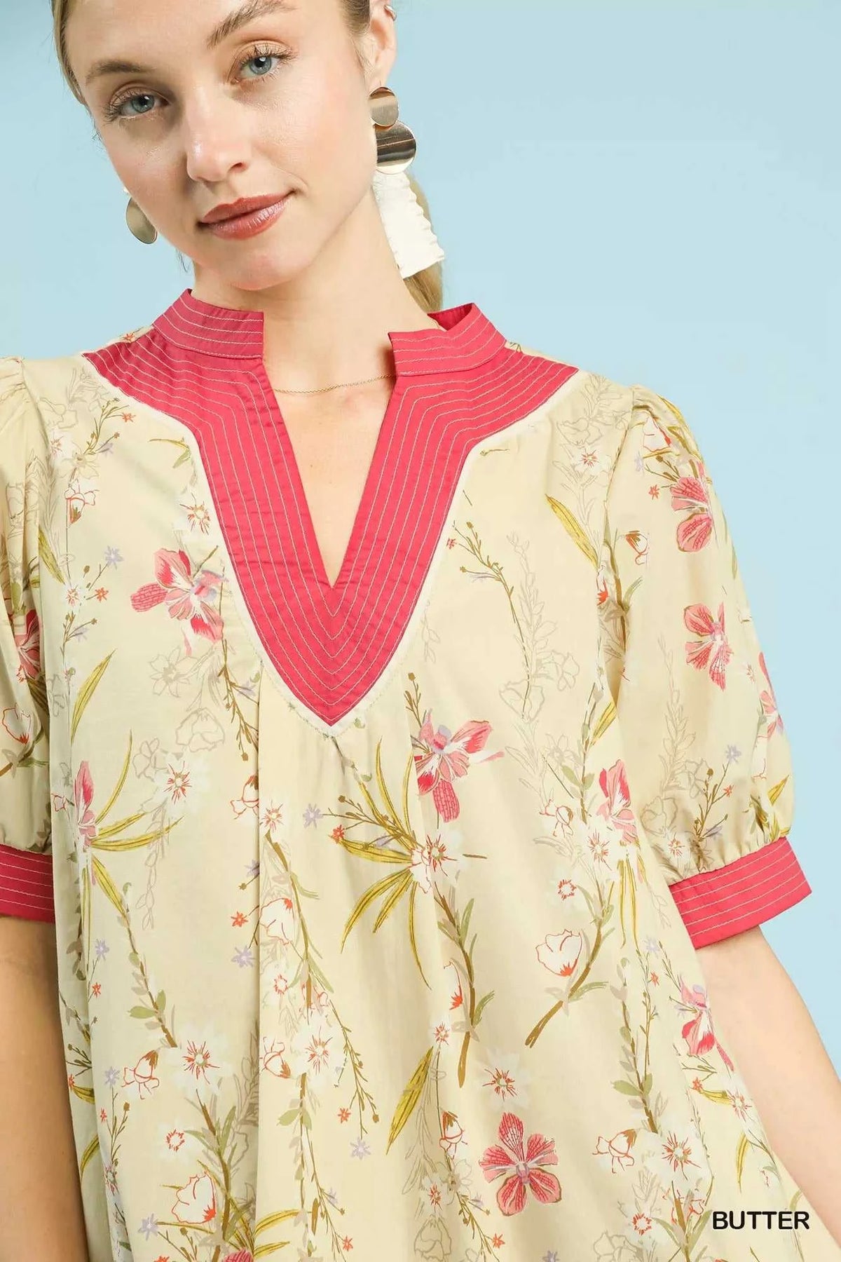 Umgee Floral Puff Sleeve Dress with Contrast Trim 100100153901822 62 Gifts for Her Jerry's Apparel 