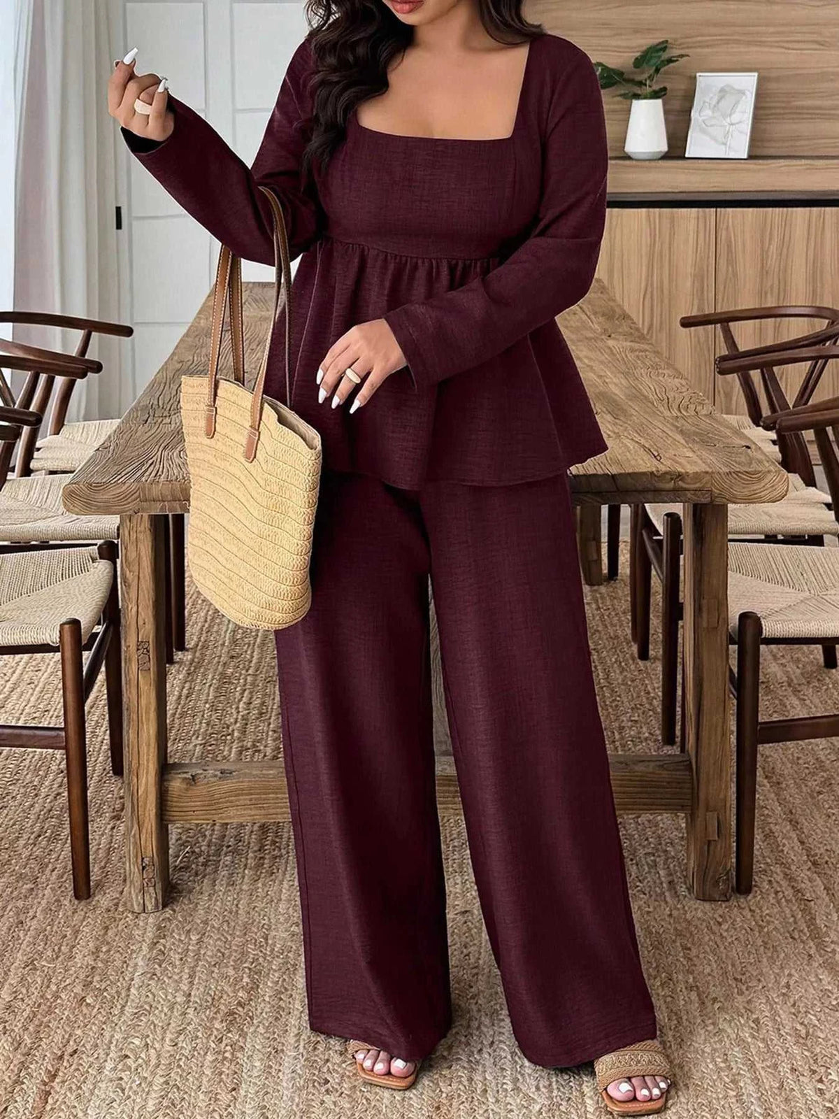 Plus Size Square Neck Long Sleeve Top and Pants Two-Piece Set 100100350212166 38 Affordable Fashion Under $100 Jerry's Apparel 