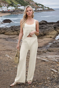 Hollow Out Round Neck Top and Pants Sweater Cover Up Set