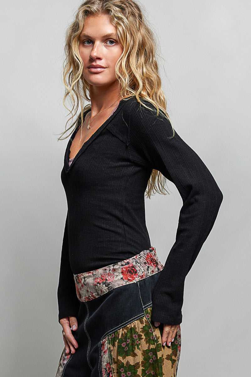 POL V-Neck Long Sleeve Ribbed Top with Lace-Accent Neckband 100100854261520 50 Affordable Fashion Under $100 Jerry's Apparel 