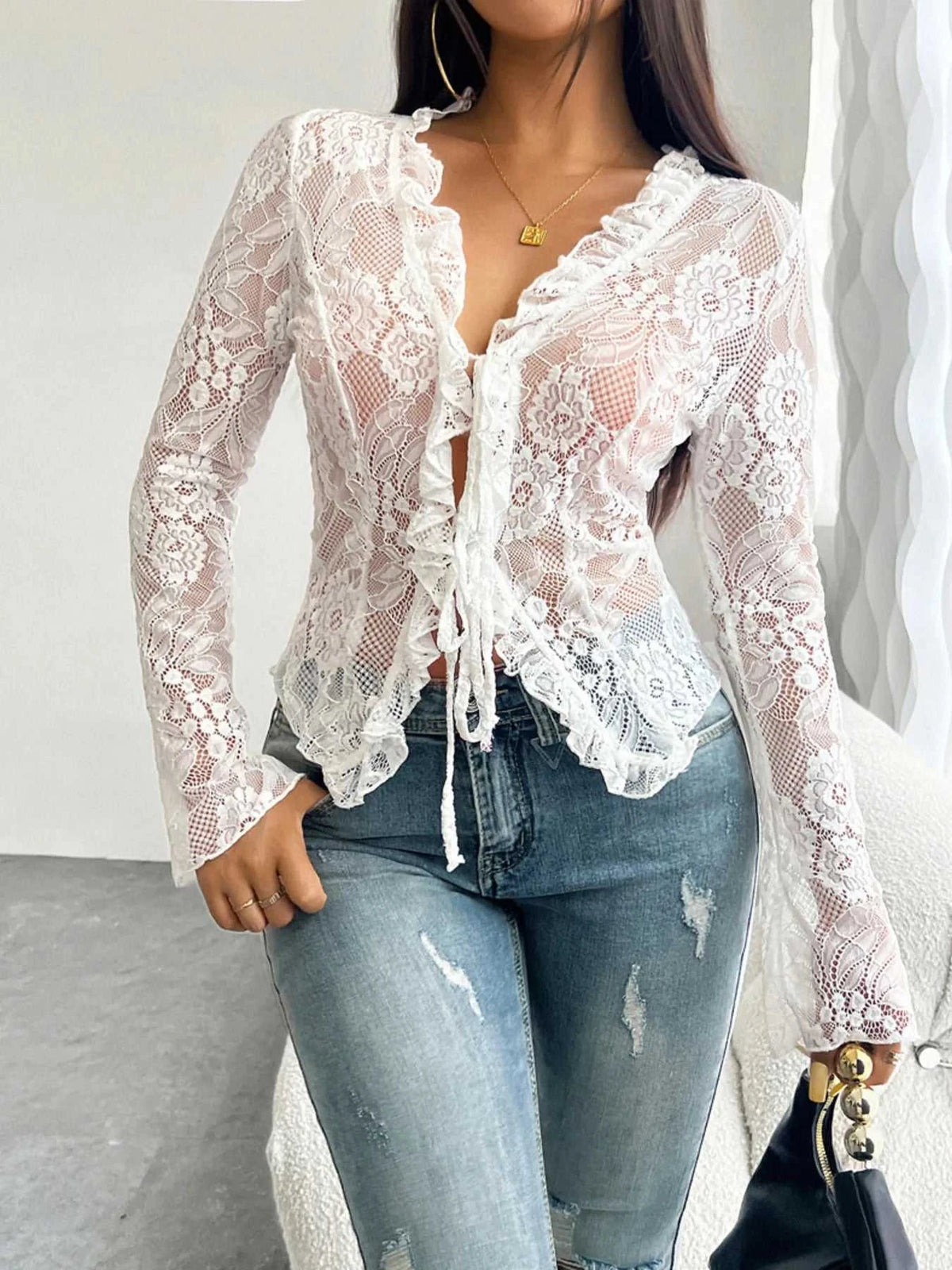 Tie Front Long Sleeve Lace Top 100100498929806 35 Affordable Fashion Under $100 Jerry's Apparel 
