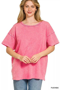 Zenana Acid Wash French Terry Drop Shoulder Raw Edge Top 100100258592888 26 Jerry's Apparel 