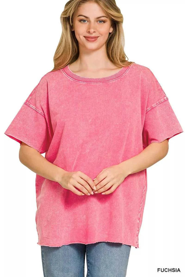 Zenana Acid Wash French Terry Drop Shoulder Raw Edge Top 100100258592888 26 Jerry's Apparel 