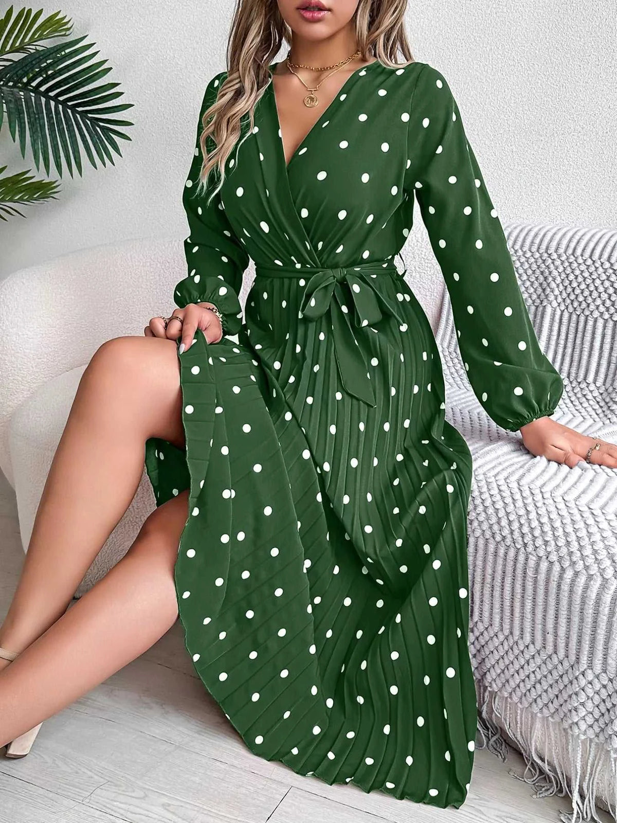 Front Tie Polka Dot Midi Pleated Dress 100100612892124 36 Gifts for Her Jerry's Apparel 