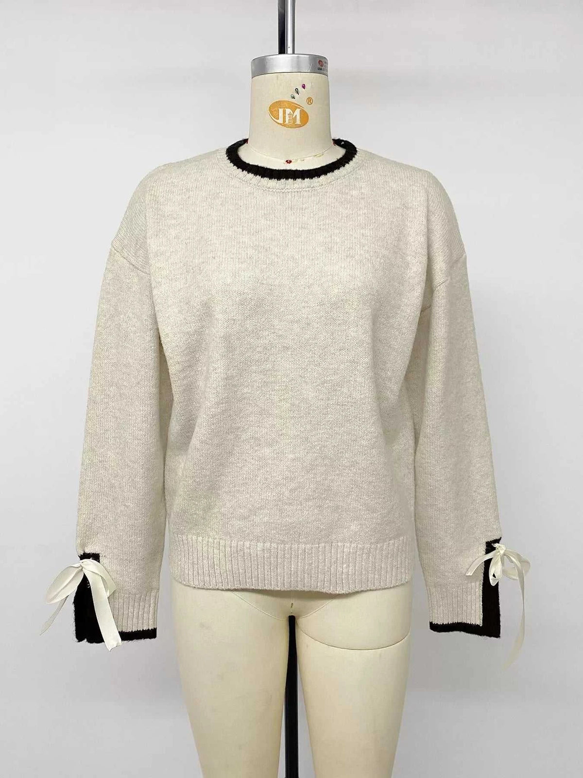 Contrast Trim Ribbed Cuff Tie-Sleeve Sweater 100100782496219 43 Women's Sweaters and Knitwear Jerry's Apparel 