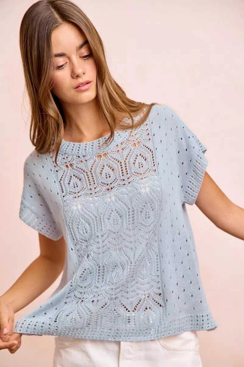 BiBi Washed Eyelet Short Sleeve Breathable Knit Top 100100212911752 43 Affordable Fashion Under $100 Jerry's Apparel 