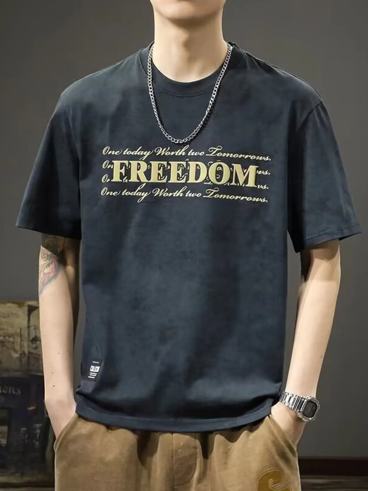 Men's Full Size Freedom Vintage Round Neck T-Shirt Plus Size