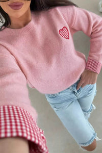 Plaid Heart Embroidered Cuffed Drop Shoulder Crew Neck Sweater 100100906455941 57 Women's Sweaters and Knitwear Jerry's Apparel 