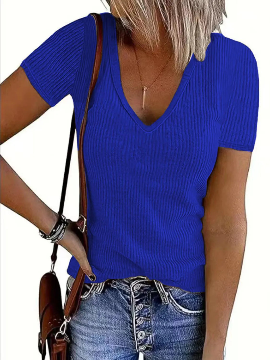 Solid V-Neck Short Sleeve T-Shirt