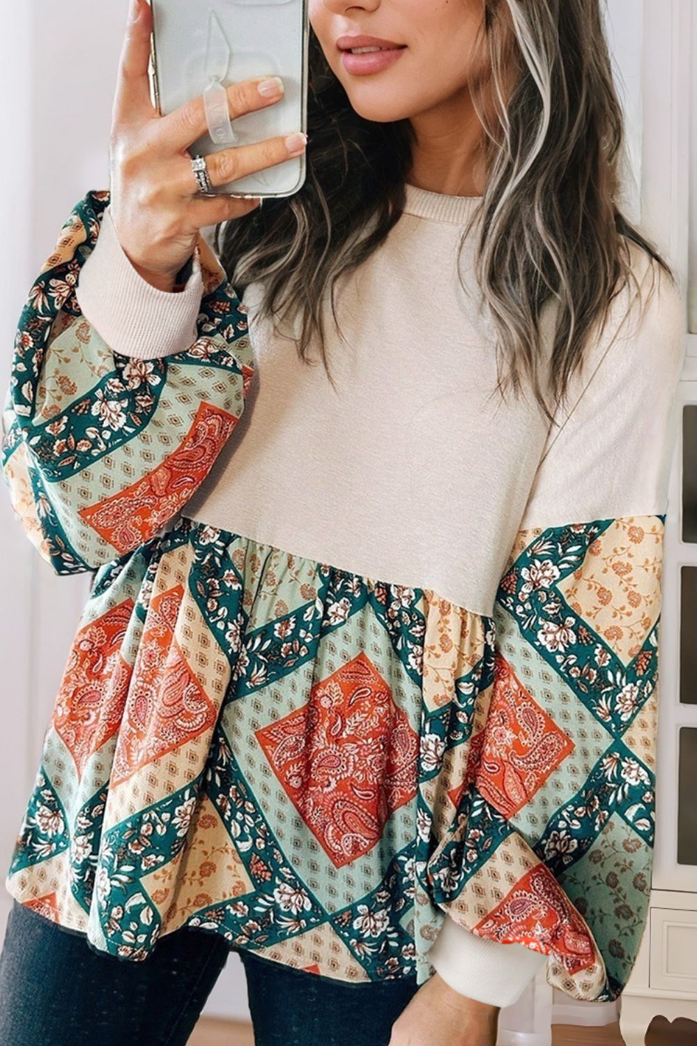 Printed Round Neck Long Sleeve Blouse