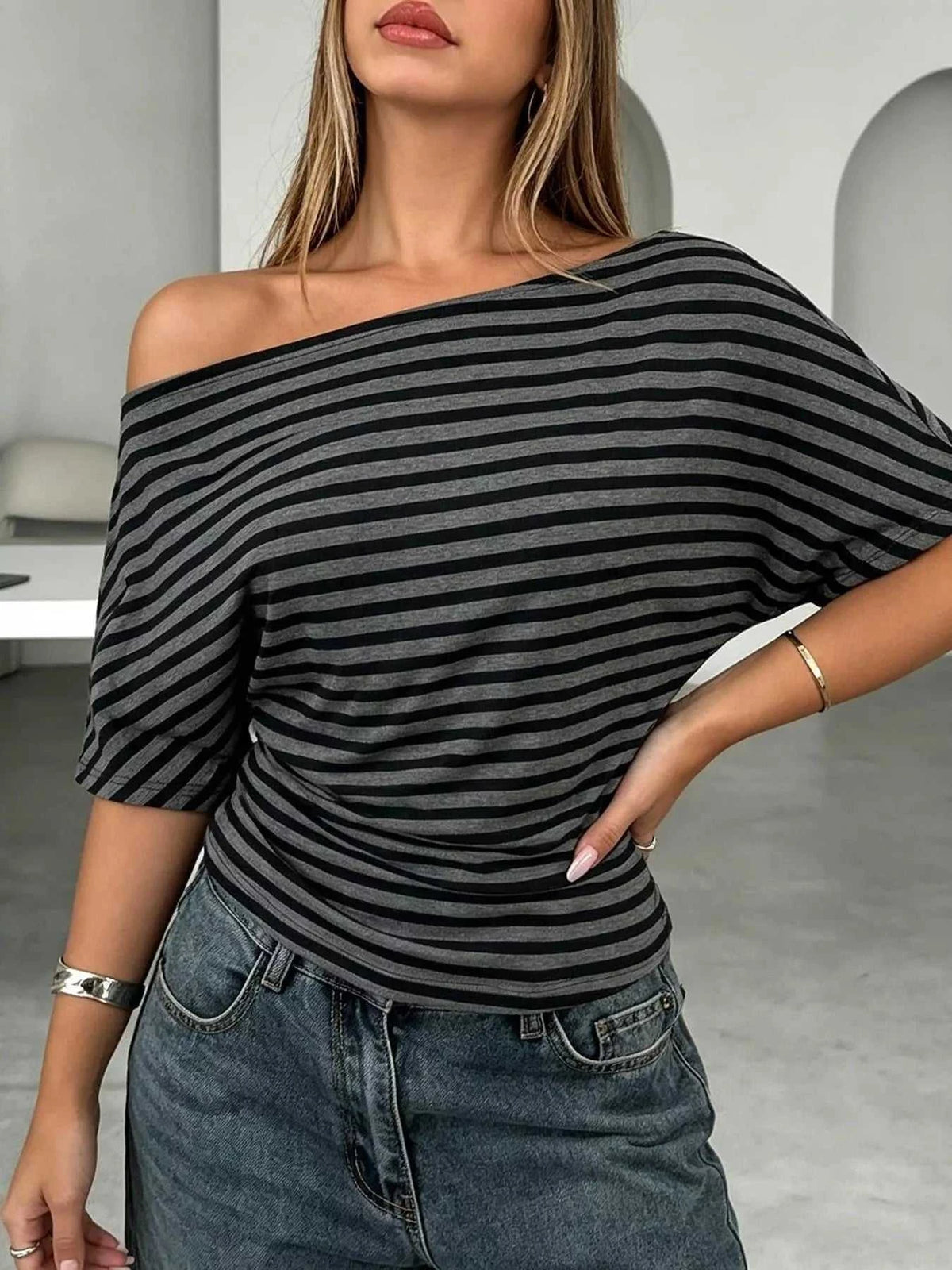 One Shoulder Striped Dolman Sleeve T-Shirt 100100582447121 35 Affordable Fashion Under $100 Jerry's Apparel 