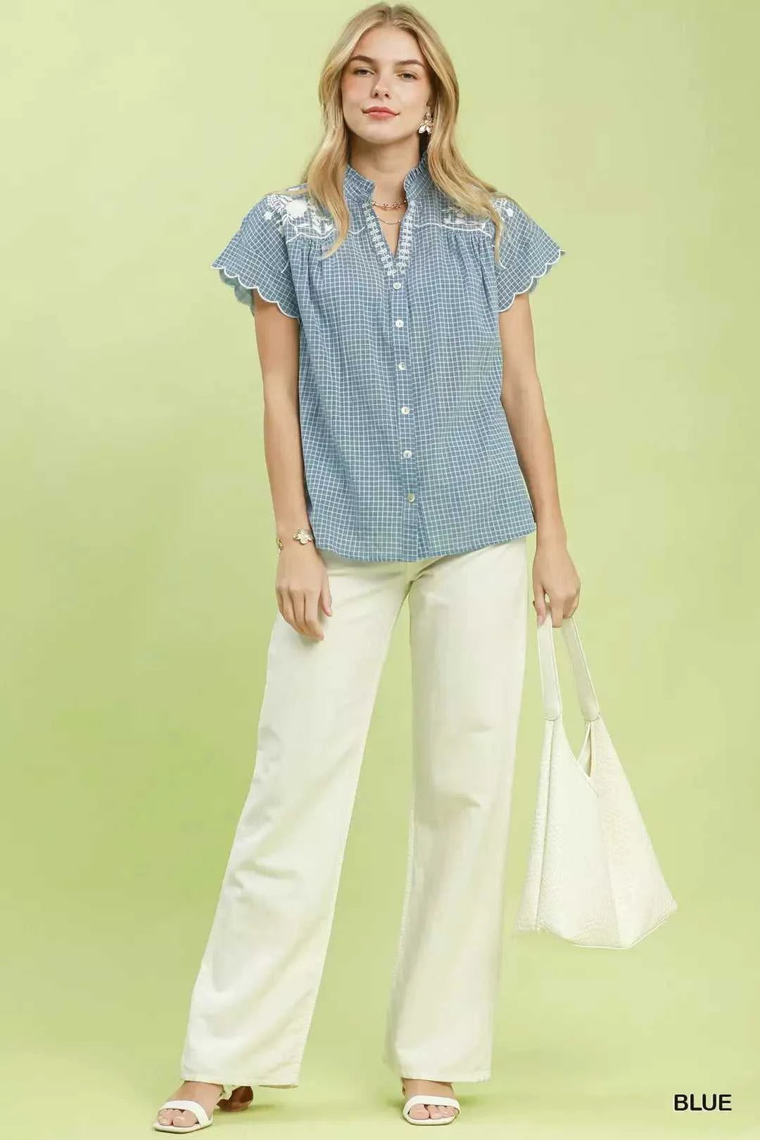 Umgee Embroidered Print Scallop Sleeve Button Front Blouse 100100490251659 51 Affordable Fashion Under $100 Jerry's Apparel 