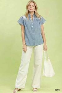 Umgee Embroidered Print Scallop Sleeve Button Front Blouse 100100490251659 51 Affordable Fashion Under $100 Jerry's Apparel 