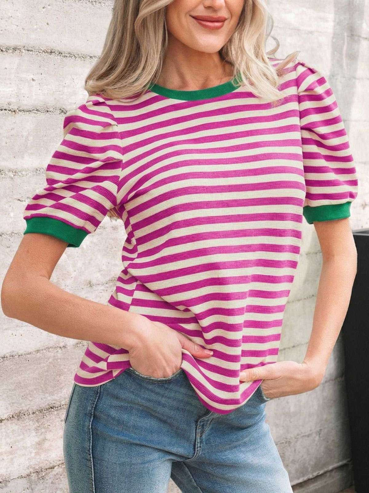 Stripe Short Puff Sleeve Contrast Trim Round Neck Tee 100100342745480 30 Affordable Fashion Under $100 Jerry's Apparel 