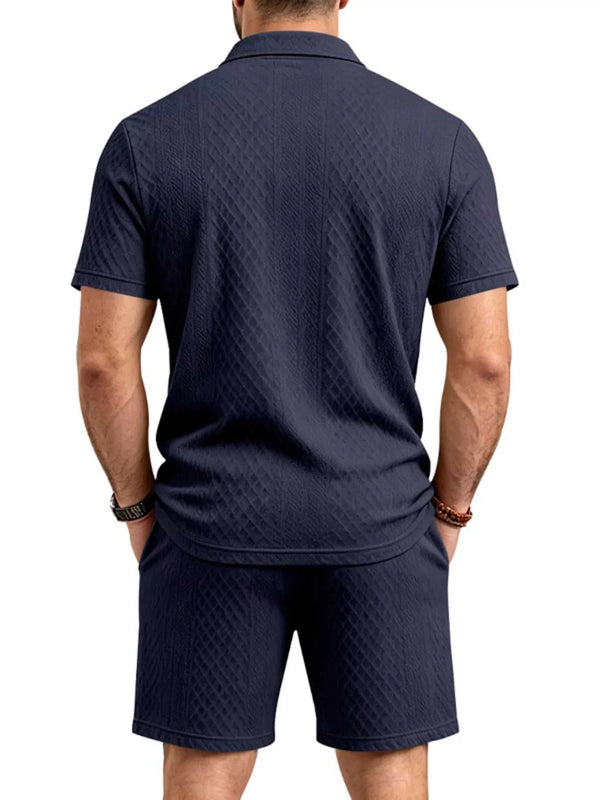 Men's Full Size Textured Short Sleeve Polo and Shorts Set Plus Size 100400456225326 35 Men's Sets Jerry's Apparel 