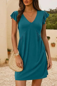 V-Neck Ruffled Cap Sleeve Dress