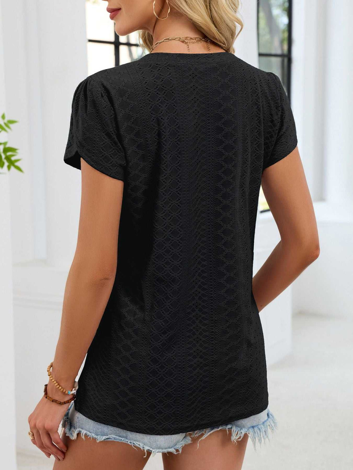 Eyelet Petal Sleeve V-Neck T-Shirt 100100180821182 24 Affordable Fashion Under $100 Jerry's Apparel 
