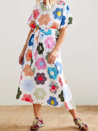 Floral Print Midi Dress with Scalloped Edges