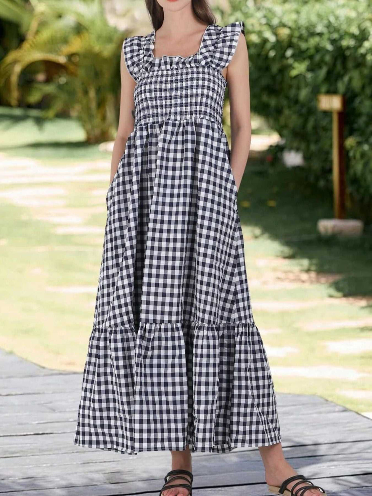 Ruffled Sleeveless Gingham Midi Dress 100100350034223 45 Affordable Fashion Under $100 Jerry's Apparel 