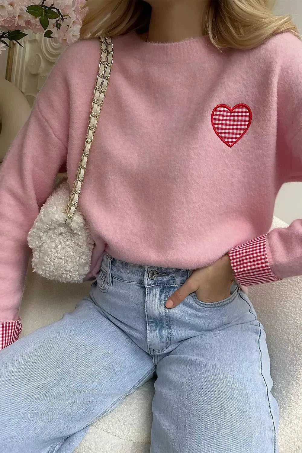 Plaid Heart Embroidered Cuffed Drop Shoulder Crew Neck Sweater 100100906455941 57 Women's Sweaters and Knitwear Jerry's Apparel 
