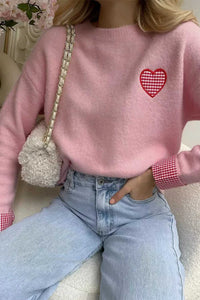 Plaid Heart Embroidered Cuffed Drop Shoulder Crew Neck Sweater 100100906455941 57 Women's Sweaters and Knitwear Jerry's Apparel 