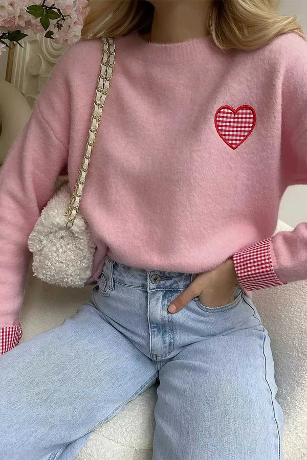 Plaid Heart Embroidered Cuffed Drop Shoulder Crew Neck Sweater 100100906455941 57 Women's Sweaters and Knitwear Jerry's Apparel 