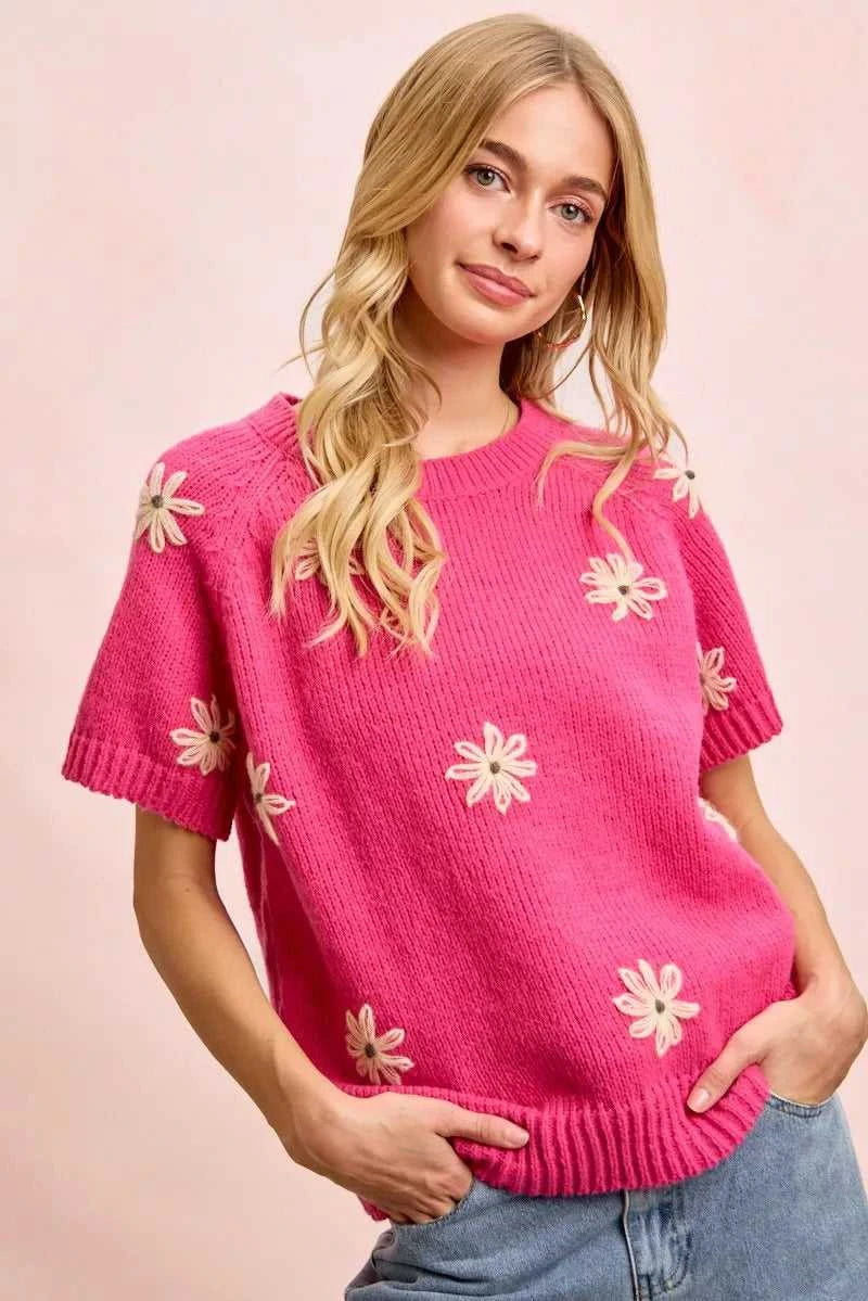 BiBi Flower Embroidered Short Sleeves Knit Top 100100347351968 47 Affordable Fashion Under $100 Jerry's Apparel 