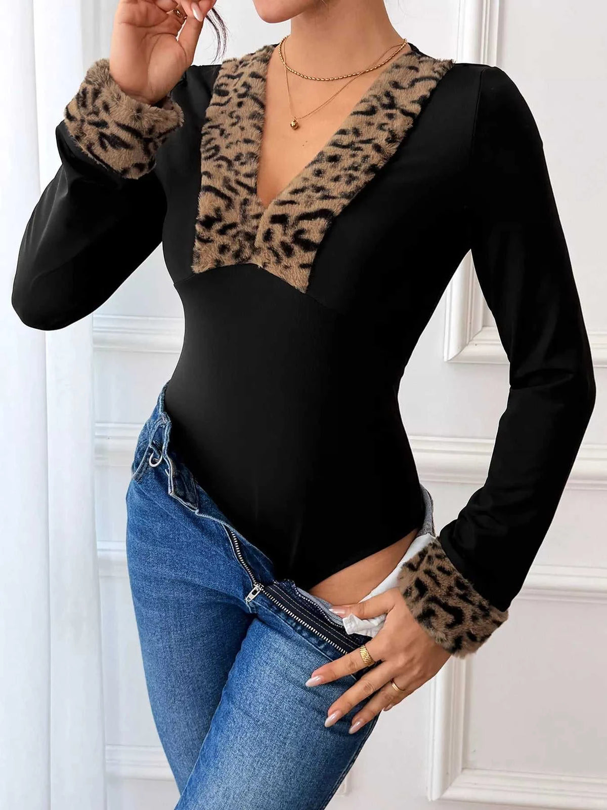 Leopard Trim V-Neck Long Sleeve Bodysuit 100100967976047 35 Affordable Fashion Under $100 Jerry's Apparel 