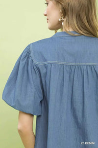 Umgee Denim Button Front Puff Sleeve Boho Blouse 100100988571365 53 Affordable Fashion Under $100 Jerry's Apparel 