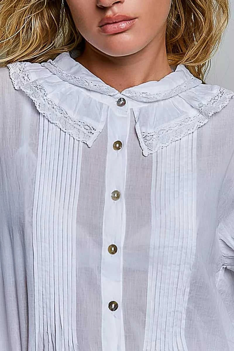 POL Woven Lace Trim Pintuck Button-Down Shirt 100100784961327 66 Affordable Fashion Under $100 Jerry's Apparel 