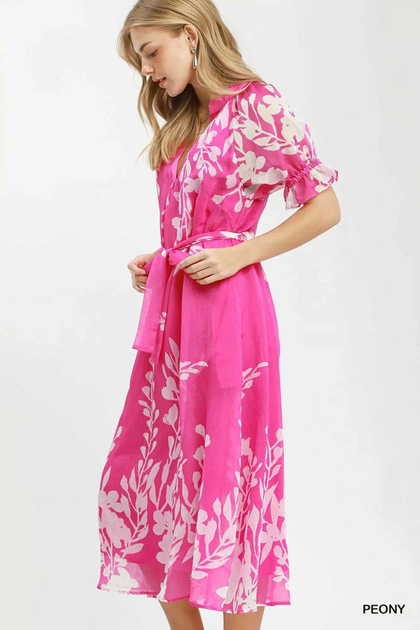 Umgee Floral Print Tie Waist Midi Dress with Side Pockets 100100836221705 66 Affordable Fashion Under $100 Jerry's Apparel 