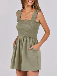 Smocked Square Neck Sleeveless Romper