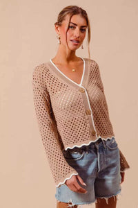 SO ME Open Knit Light Weight Sweater Cardigan With Contrast Wavy Scallop Edge 100100641861665 41 Affordable Fashion Under $100 Jerry's Apparel 