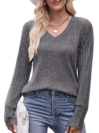 V-Neck Ribbed Knit Long Sleeve T-Shirt 100100748461046 28 Affordable Fashion Under $100 Jerry's Apparel 