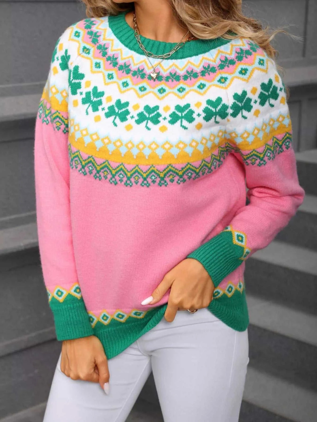 Clover Pattern Round Neck Knitted Sweater 100100324536502 52 Affordable Fashion Under $100 Jerry's Apparel 